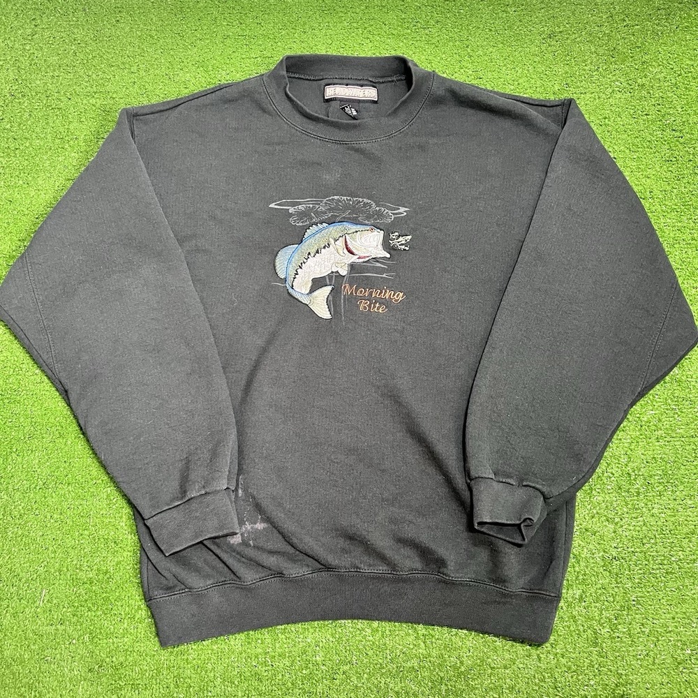 Vintage Fishing Sweater M Y2K Embroidered LargeMouth Bass Morning Bites Crewneck